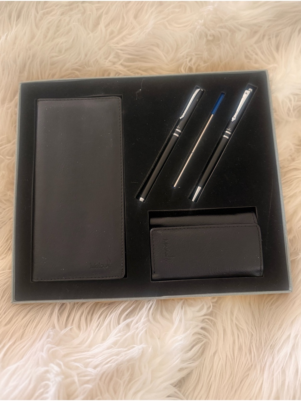 Black Leather Wallet & Card Case Gift Set with Black Pens